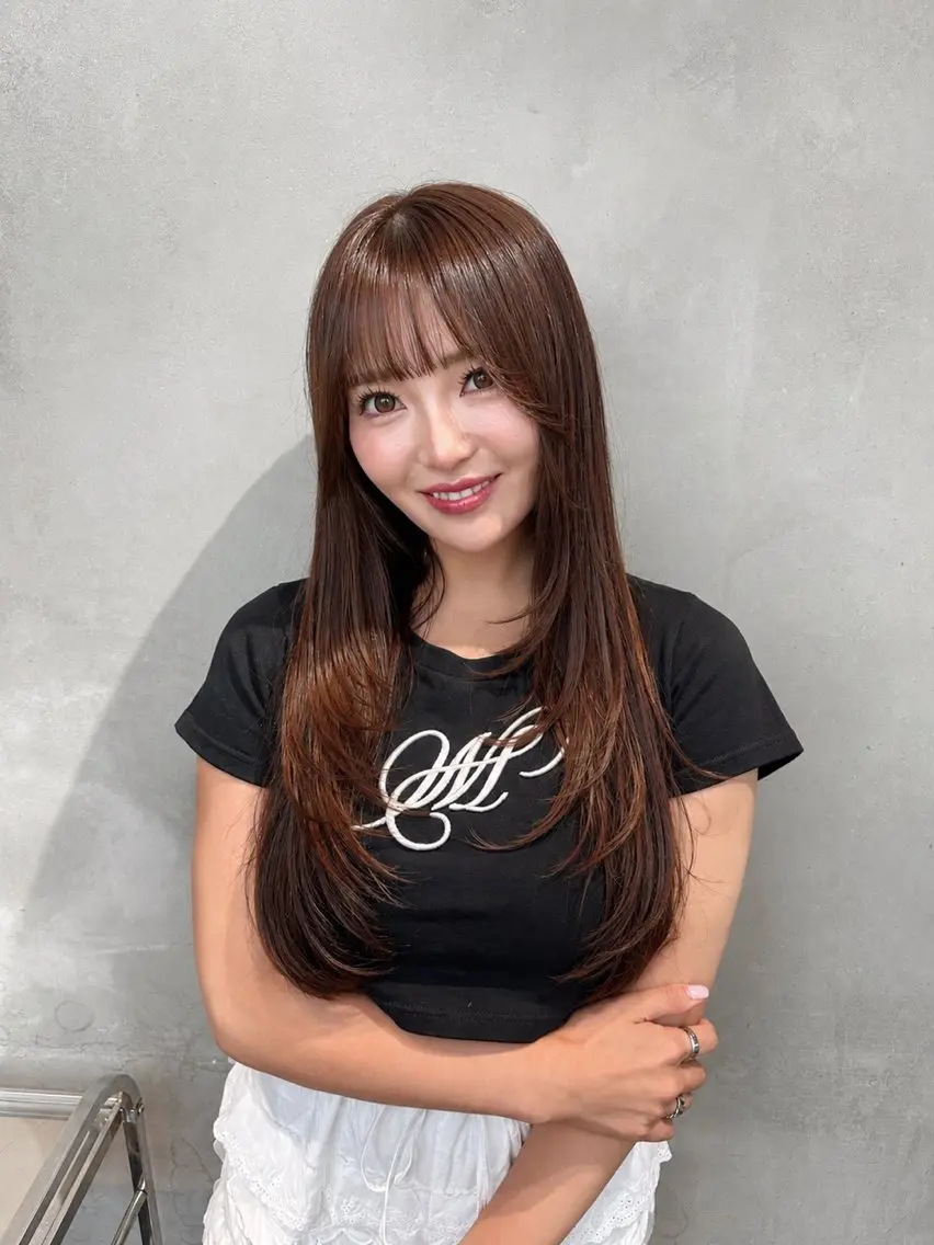 ロング カラー ブラウンカラー 透明感カラー ココアブラウン 顔まわりレイヤー 髪質改善 カット ヘアカラー トリートメント 遠藤惟斗/渋谷/ 透明感カラーのヘアスタイル