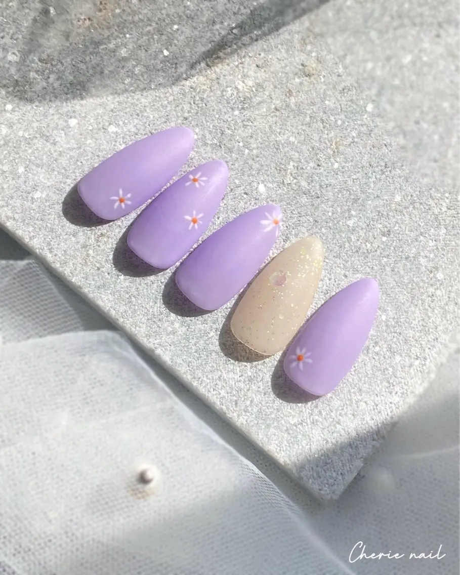 ネイル ジェルネイル ラメ(グリッター) マットネイル パステルネイル パープル ハンドネイル Cherienail yunaのネイルデザイン