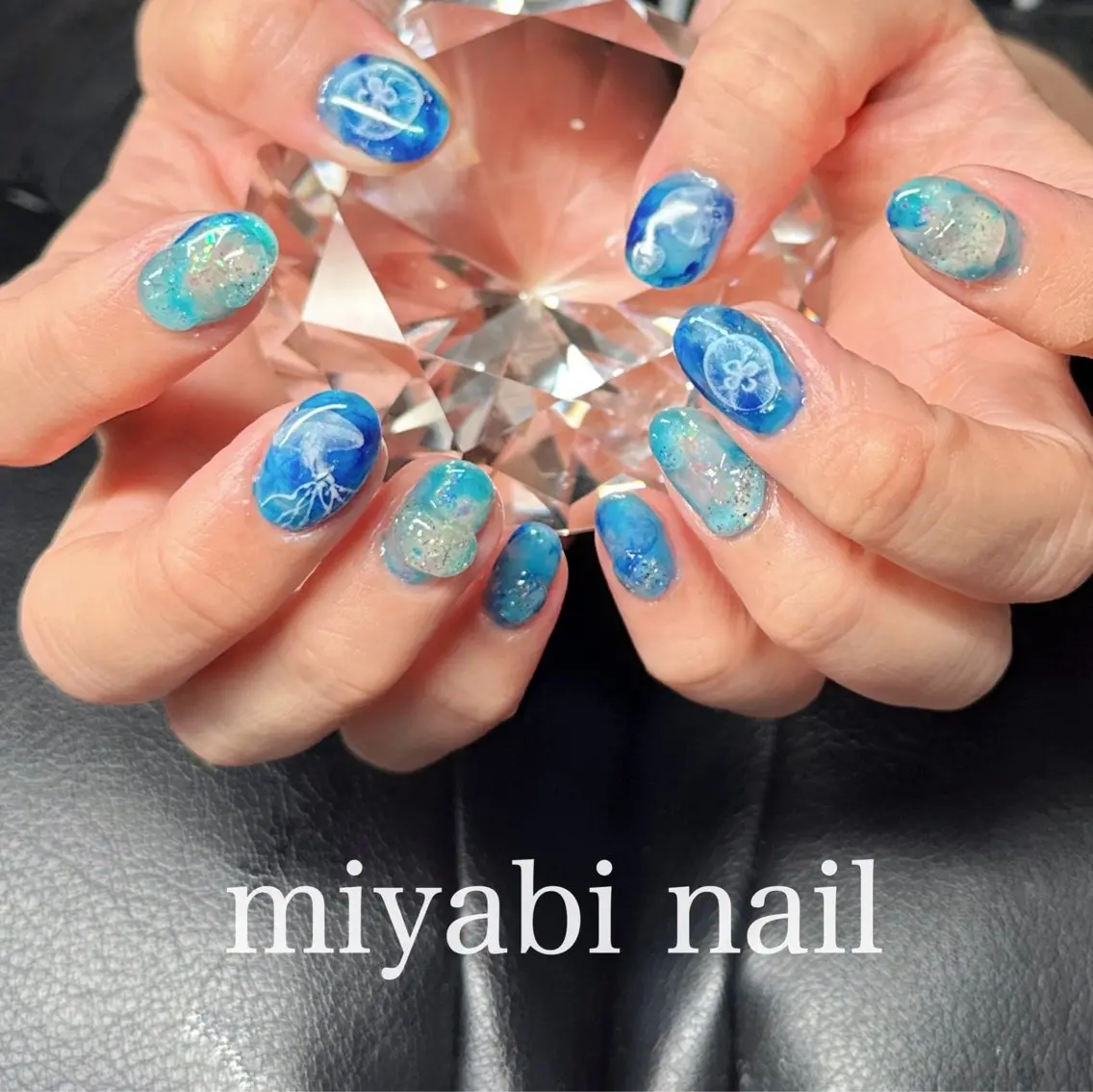 ネイル ブルー ジェルネイル キラキラネイル ラメ(グリッター) 持ち込み ハンドネイル miyabi nail 桂川駅近くのネイルデザイン