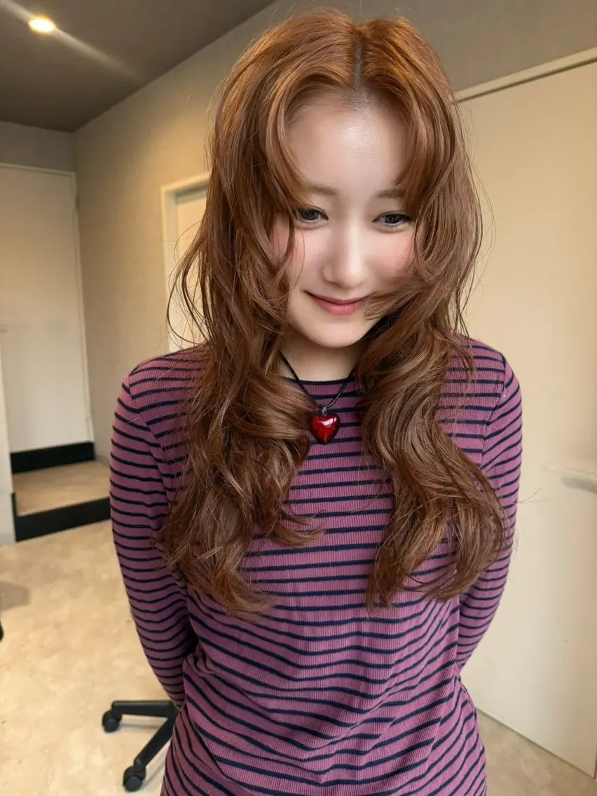 ロング カラー ブリーチ ブラウンカラー ブリーチなしカラー オレンジ オレンジブラウン カット ヘアカラー 透明カラー/レイヤー misaki °＊のヘアスタイル