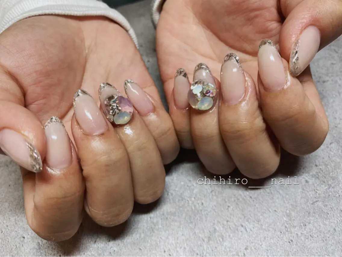 セミロング カラー ネイル アートネイル フレンチネイル ジェルネイル ガラスフレンチ 氷ネイル・うるうるネイル chihiro 小路ネイルのネイルデザイン