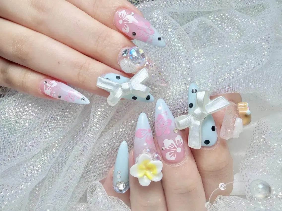 ネイル ロングネイル 夏ネイル ワンホンネイル ハンドネイル ゆりか joieange福島のネイルデザイン