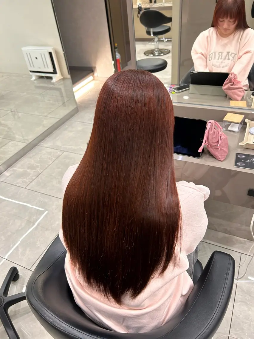 ロング カラー ブラウンカラー レッドカラー レッドブラウン ヘアカラー ピンピンにならない 縮毛矯正|石橋 魅仁のヘアスタイル