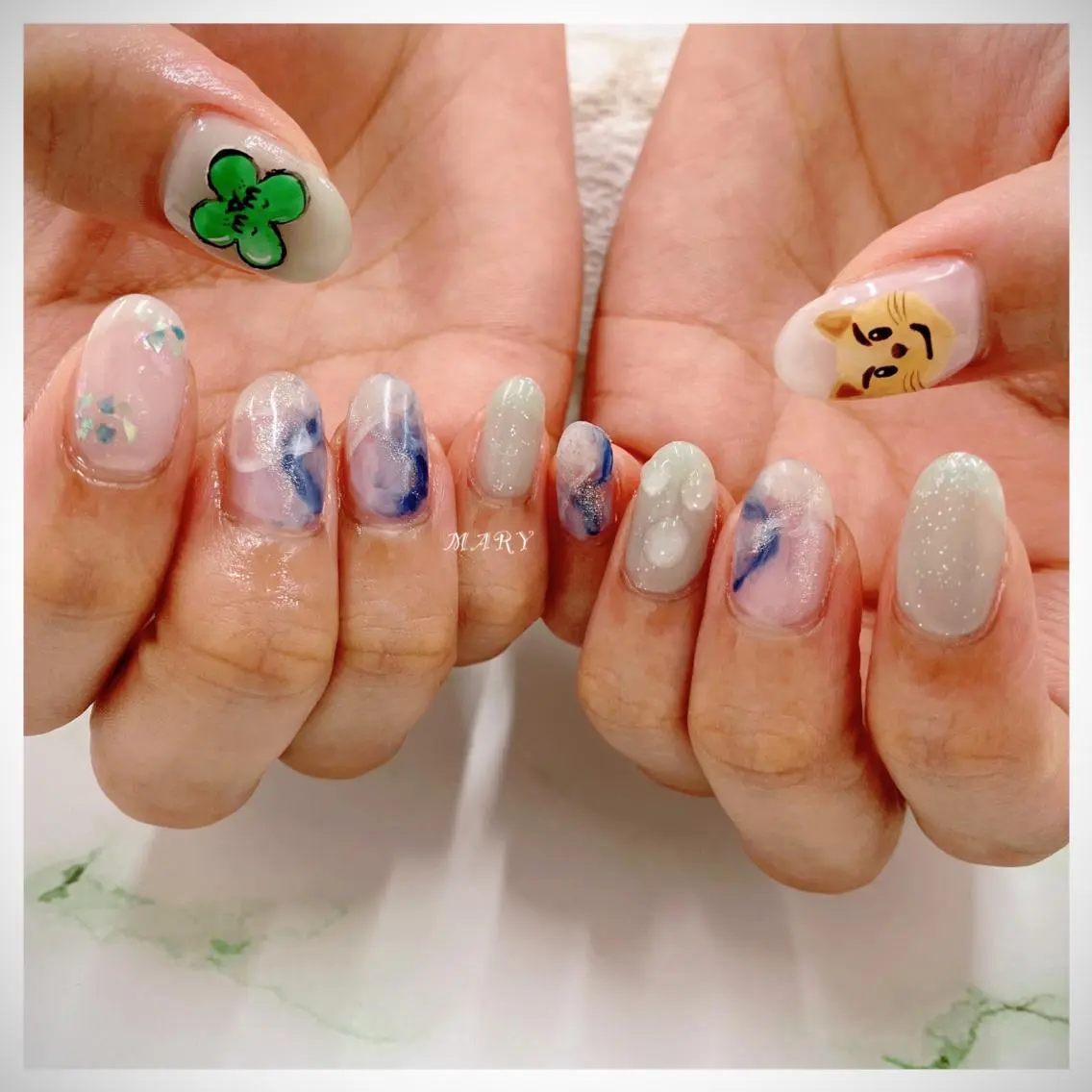 ネイル 水色 持ち込み ニュアンスネイル ハンドネイル Mary nail .narumiのネイルデザイン