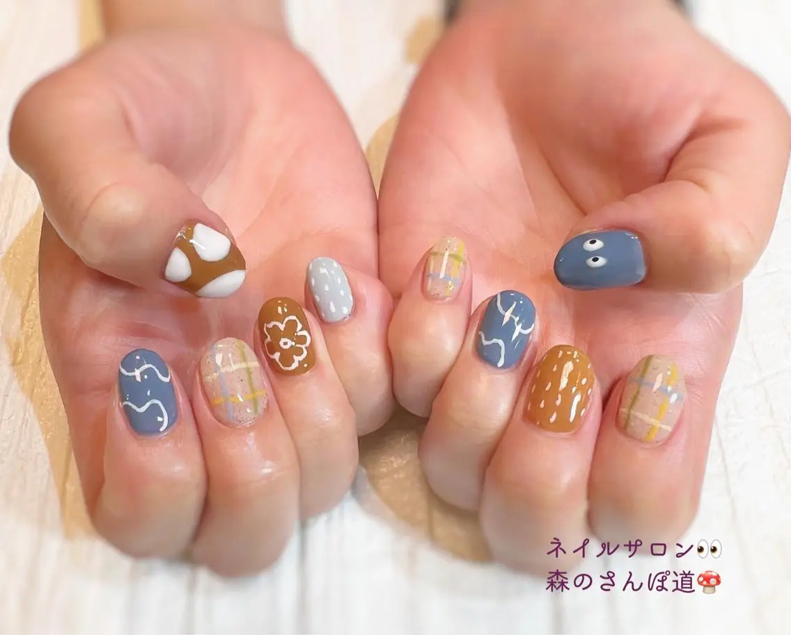 ネイル ハンドネイル ショートネイル 森のさんぽ道のネイルデザイン