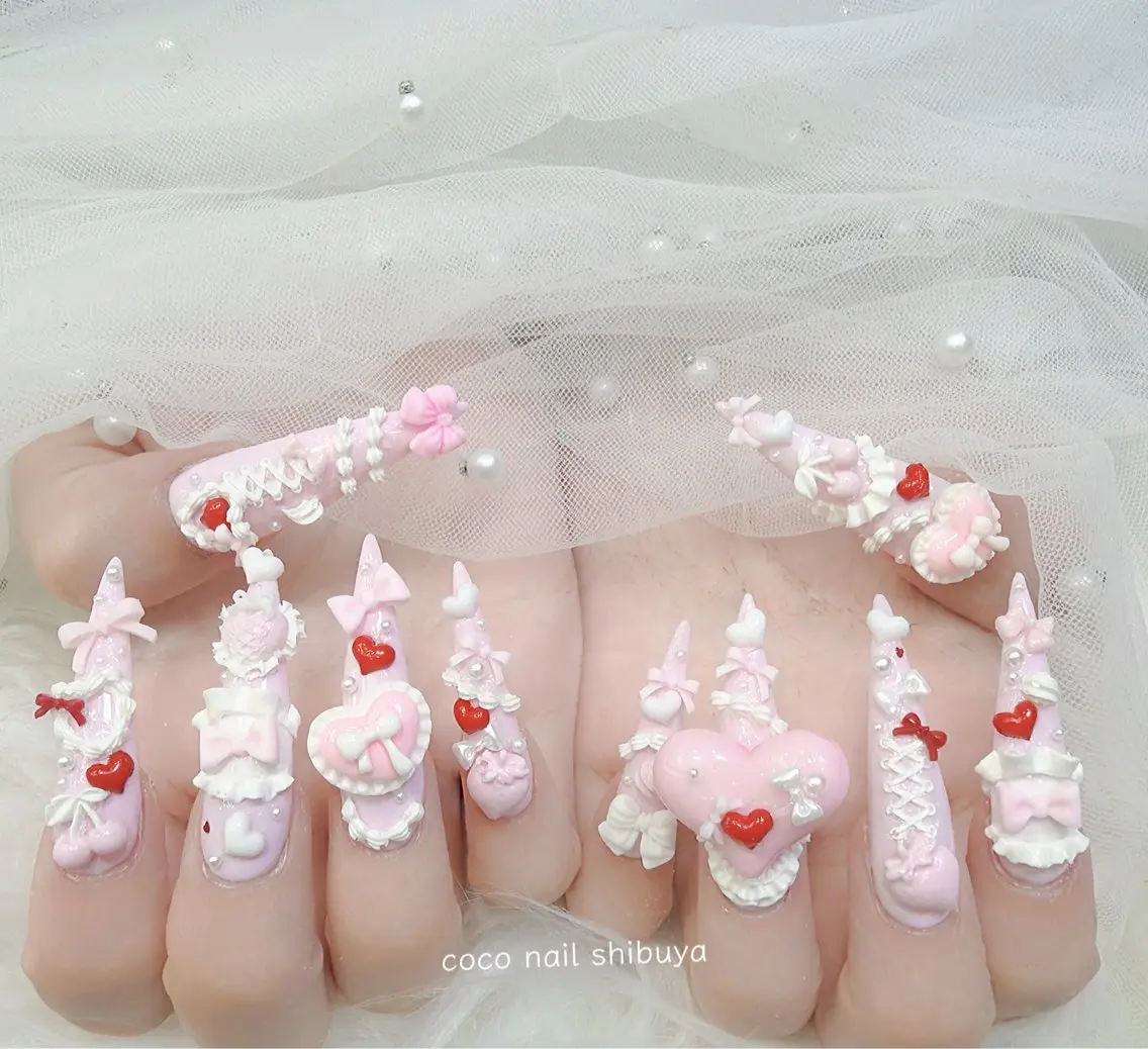 ネイル 成人式 大理石ネイル(マーブル) リボン 夏ネイル ネイルチップ ハンドネイル CoCo Nail 長さ出し専門店のネイルデザイン