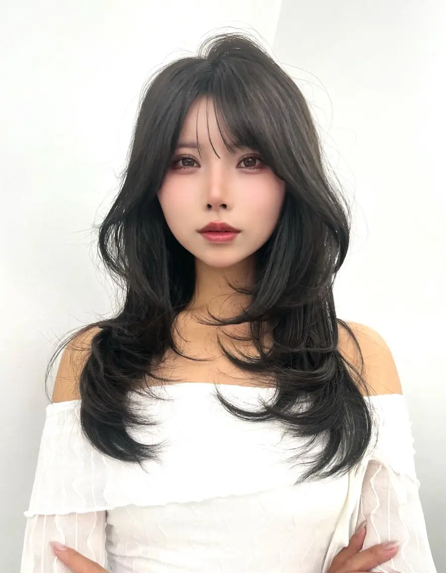 ロング カラー グレージュ 盛れる顔周り✨韓国式 レイヤーkanatoのヘアスタイル