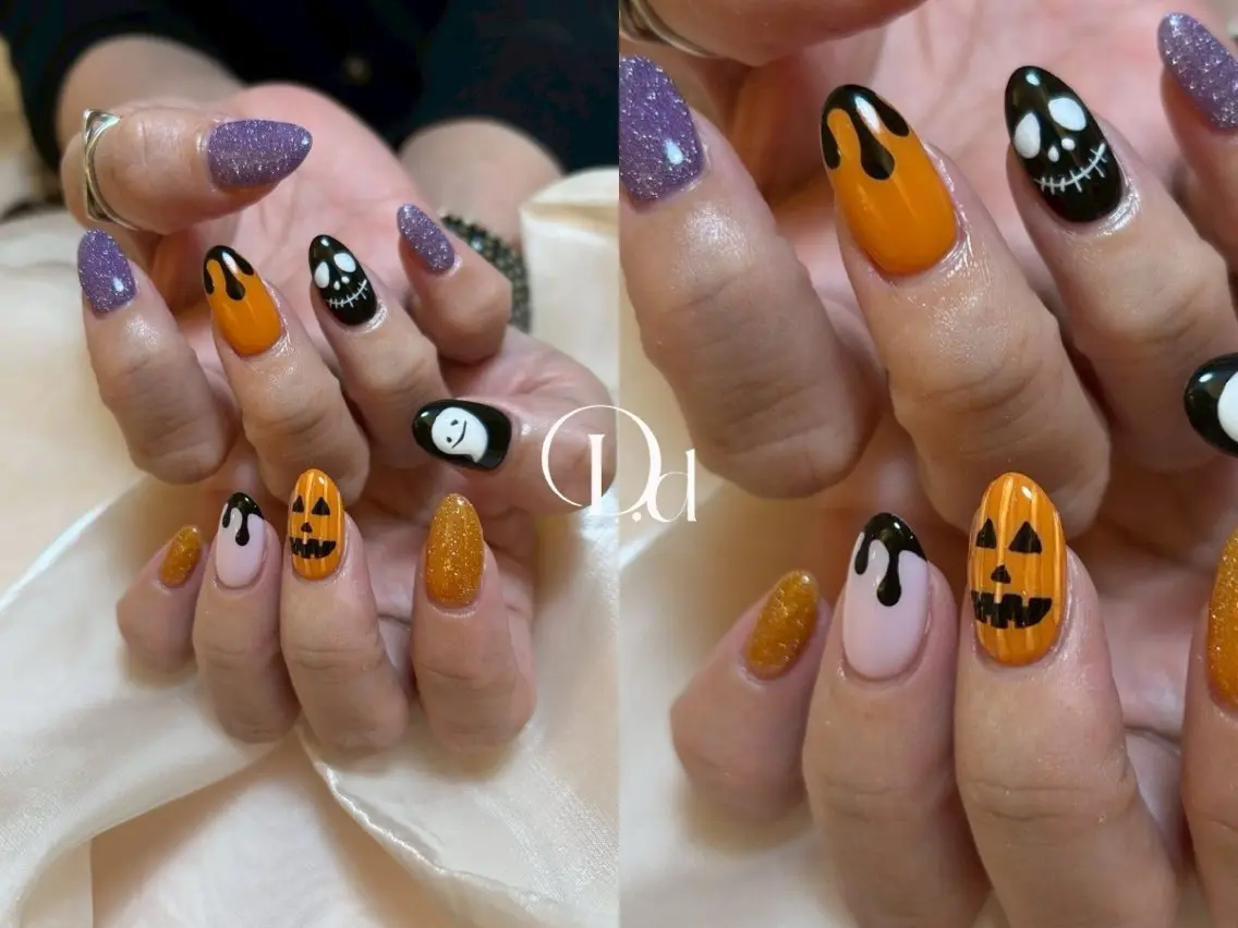 ミディアム パープルカラー ハロウィン 韓国風ヘア 💕D.d nail Hideyo🌸のネイルデザイン