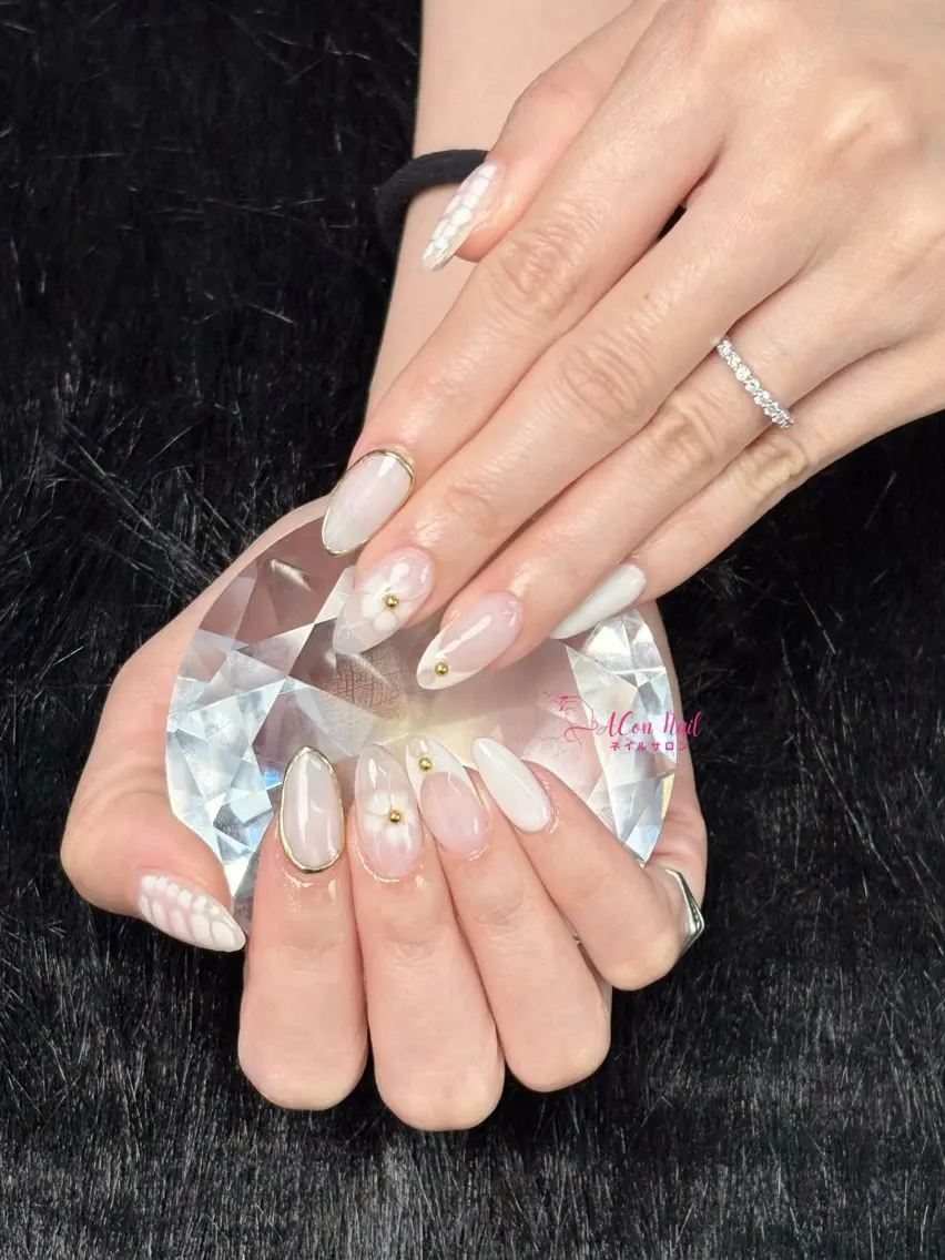 ネイル 桜ネイル 長さ出し フラワーネイル フレンチネイル ジェルネイル ハンドネイル ACon NailSalonのネイルデザイン
