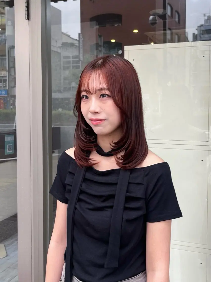 ミディアム カラー ブリーチ ブリーチなしカラー オレンジ レイヤーカット カット ヘアカラー トリートメント 村田梨乃/ minim hairのヘアスタイル