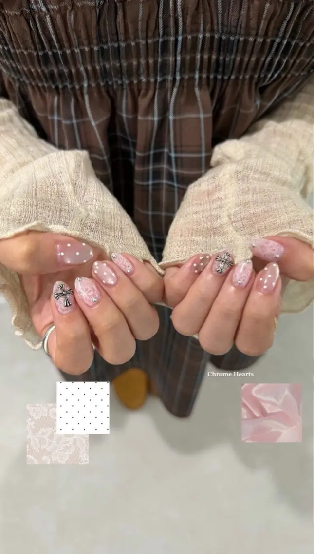 ネイル ドット ガーリー レース ピンク Mermaid Nail みはなのネイルデザイン