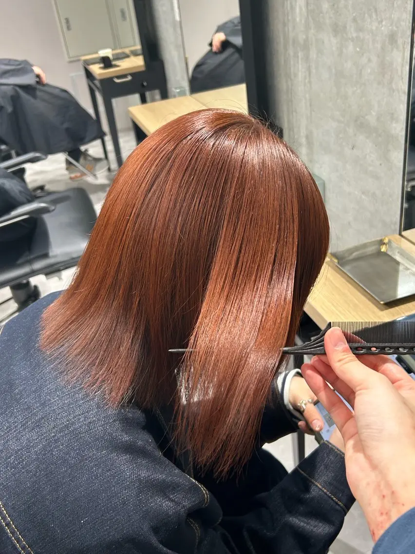 ミディアム カラー オレンジ 縮毛矯正 トリートメント カット ヘアカラー トリートメント OAK溝の口 天使の輪👑YUKIのヘアスタイル