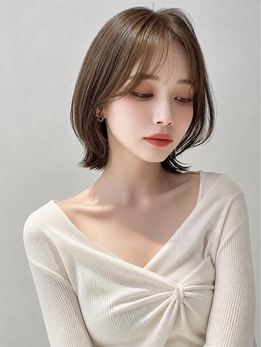 ミディアム ボブ 髪質改善 韓国風ヘア レイヤーカット 縮毛矯正 カット ヘアカラー 髪質改善/レイヤー/ 佐藤　舞🌷🫧のヘアスタイル