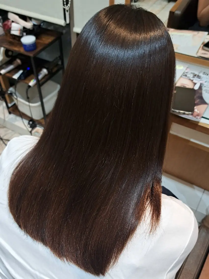 パーマ セミロング 縮毛矯正 カット 縮毛矯正 ＭＩＹＵ/透明感 渋谷/ベージュカラーのヘアスタイル