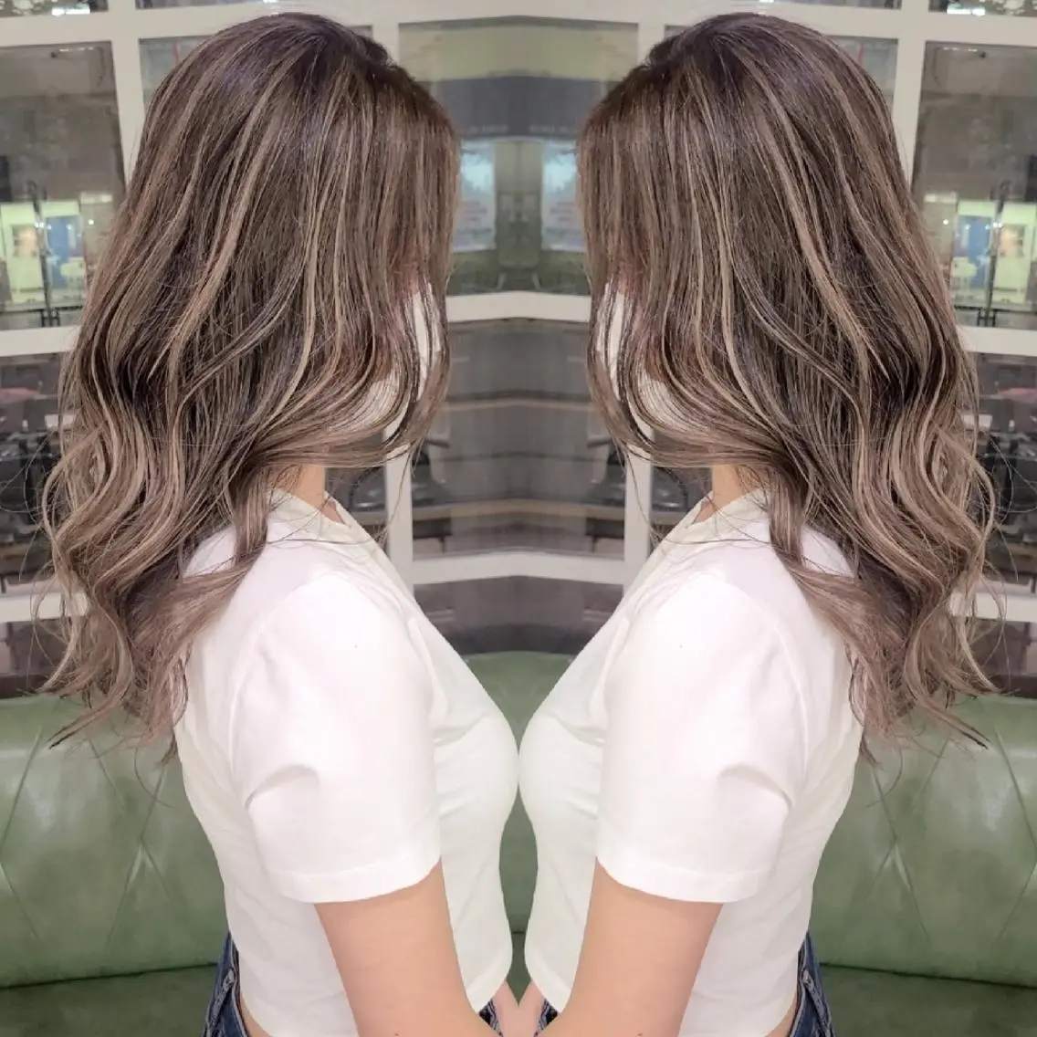 ロング カラー アッシュ アッシュグレー バレイヤージュ ベージュカラー ブリーチ ヘアカラー バレイヤージュ/ ハイライト/大内格のヘアスタイル