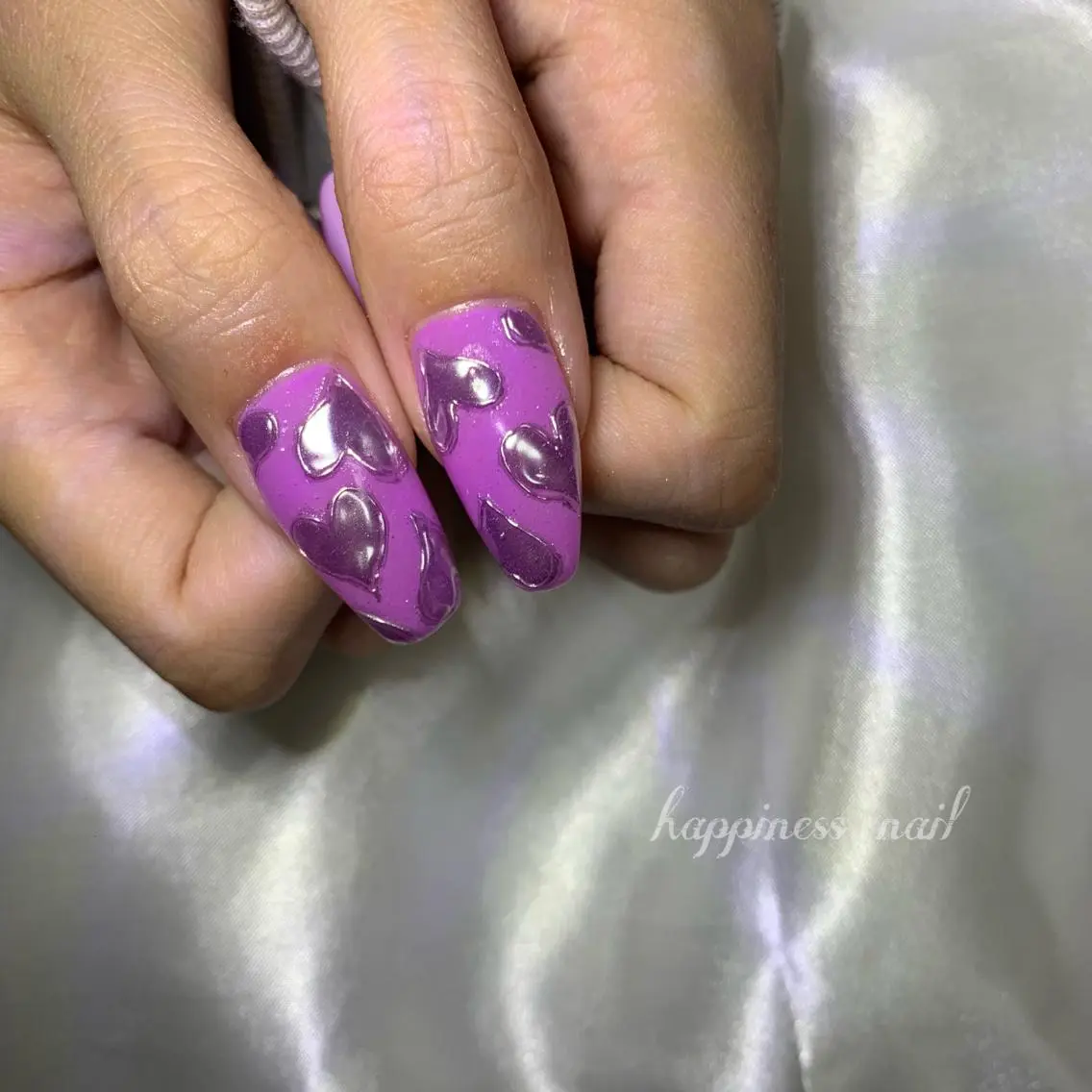 ネイル アートネイル ハート ロングネイル ミラーネイル スカルプネイル happiness nailのネイルデザイン