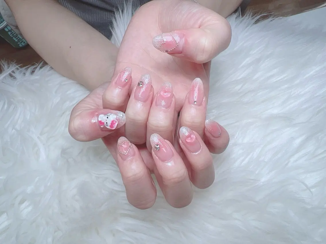 ネイル ブルー チークネイル 長さ出し フラッシュネイル ジェルネイル ハンドネイル Kei Nail 長さ出し 付け放題のネイルデザイン
