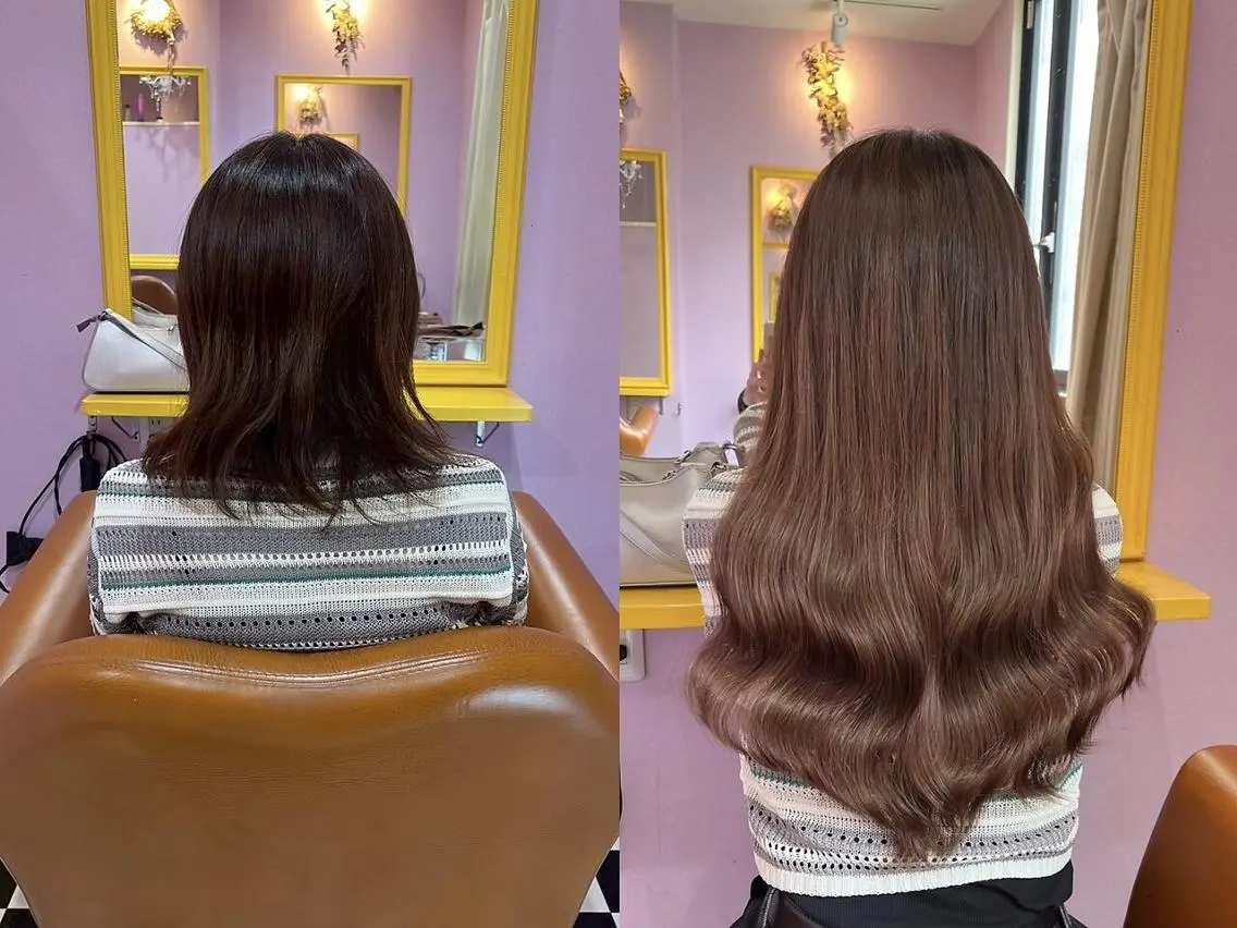 ロング ヘアアレンジ カラー アディクシーカラー バレイヤージュ ブリーチ イルミナカラー パープルカラー チビ編み込みエクステ シールエクステのヘアスタイル