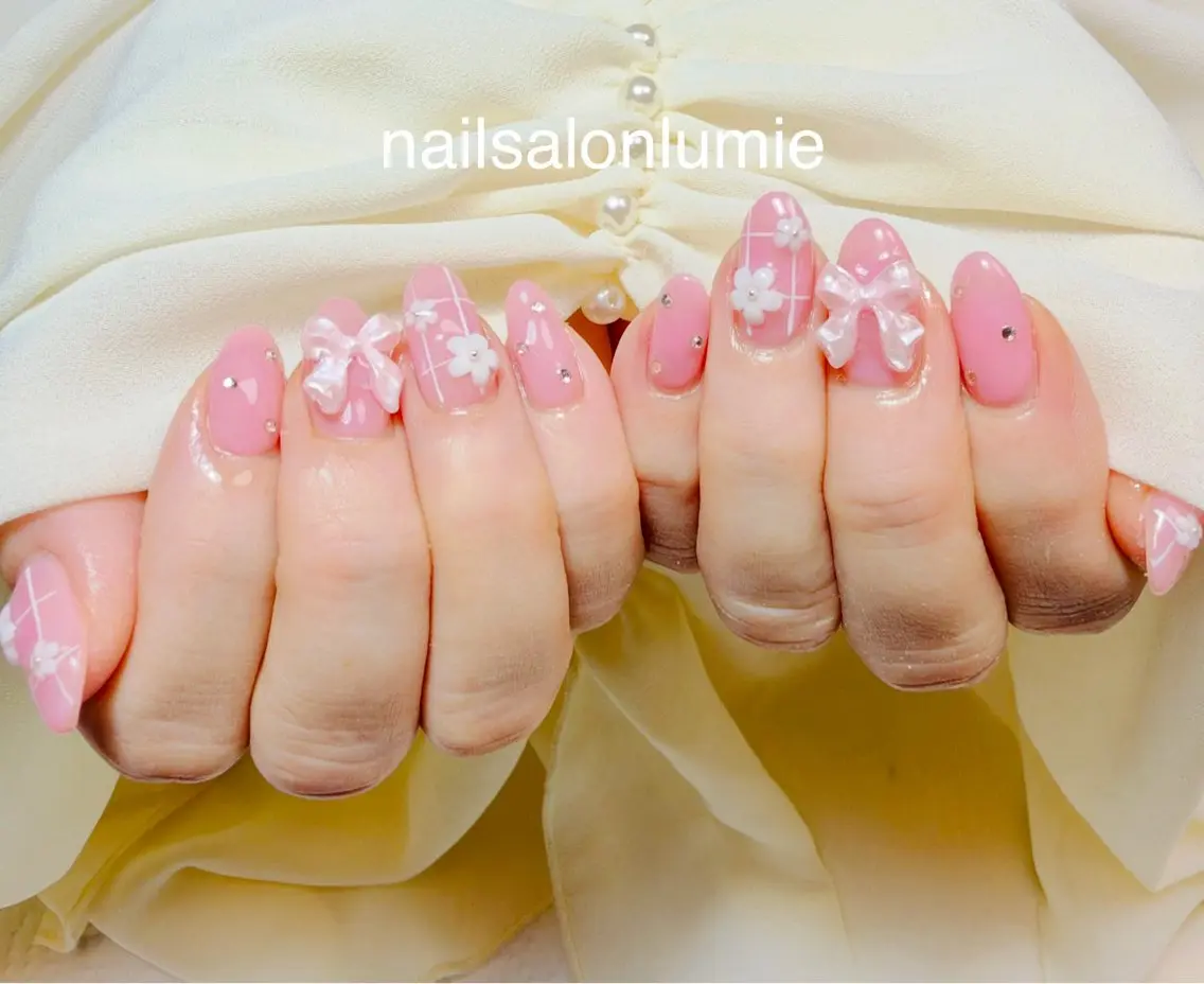 ネイル 韓国ネイル 持ち込み ピンク リボン ハンドネイル ✨韓国✨nail salonLumieのネイルデザイン