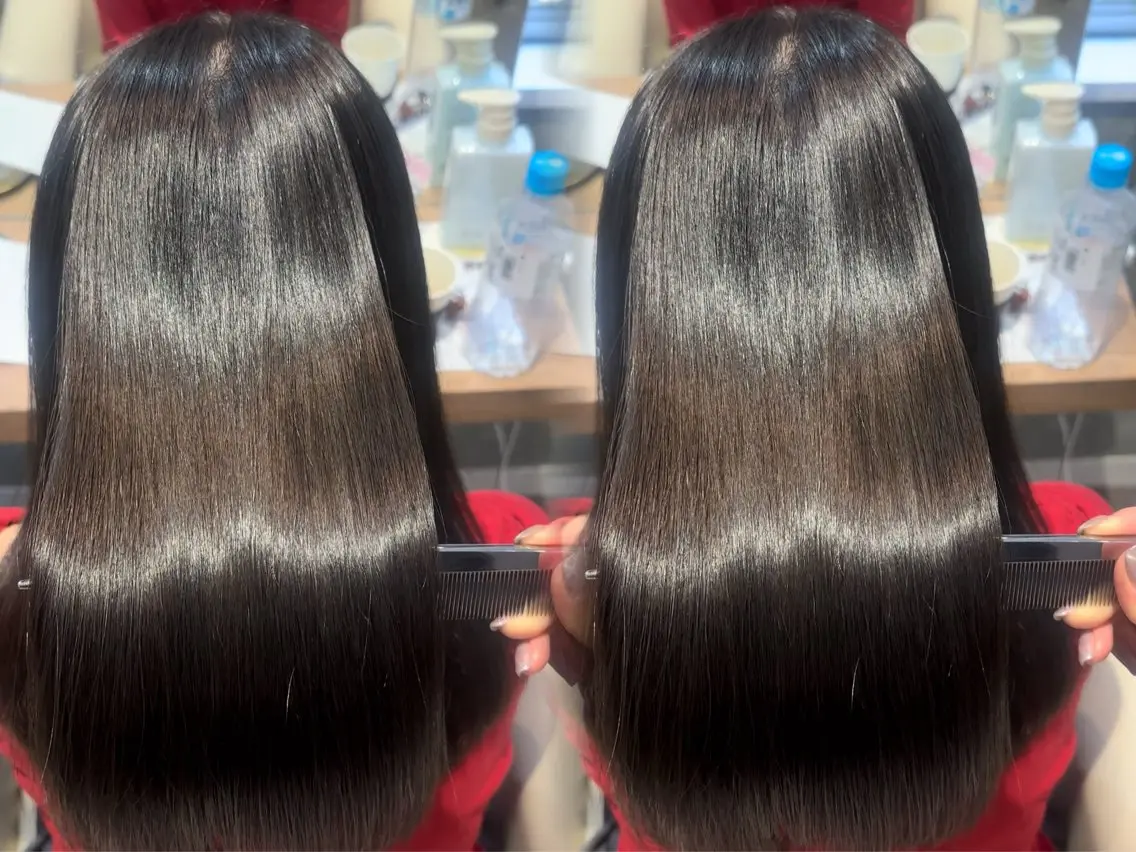 ロング カラー 酸性ストレート ヘアカラー 縮毛矯正 トリートメント 銀座レイヤーカット ×シースルー前髪のヘアスタイル