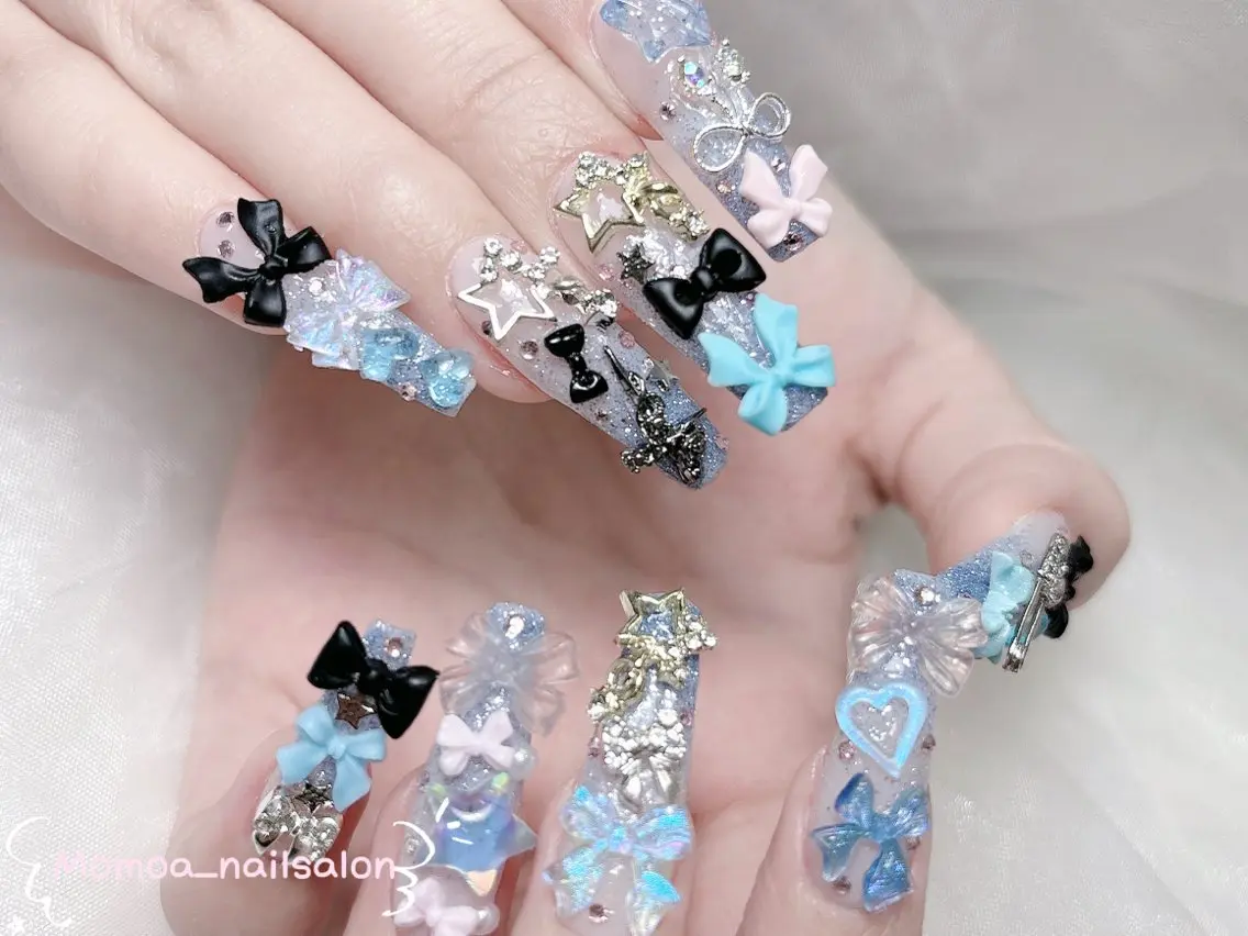 ネイル 成人式 ロングネイル マグネットネイル 大理石ネイル(マーブル) 持ち込み ハンドネイル MoMoA Nail ネイル長さ出し専門店のネイルデザイン