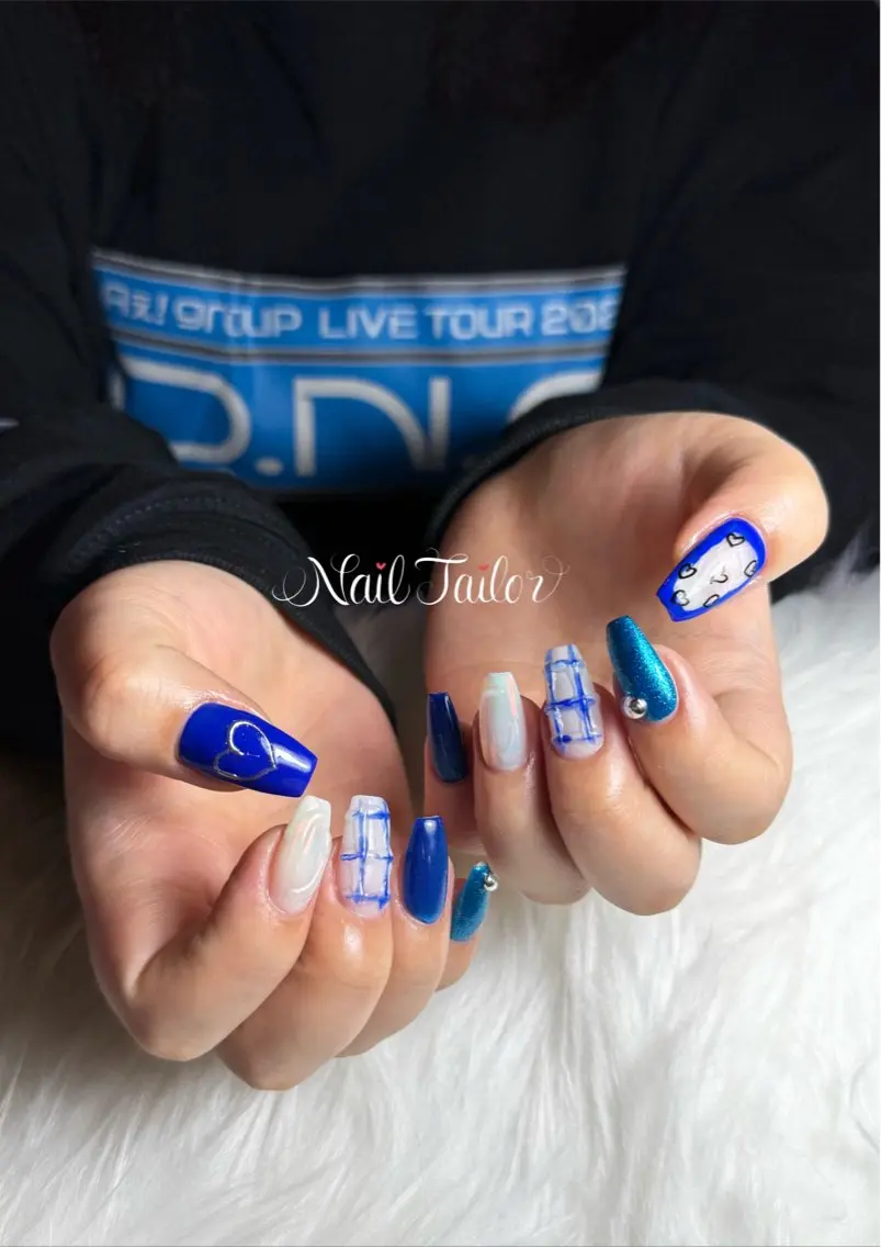 ネイル ブルー 長さ出し ぷっくりネイル リボン スカルプネイル ハンドネイル NailTailor ネイルテイラーのネイルデザイン