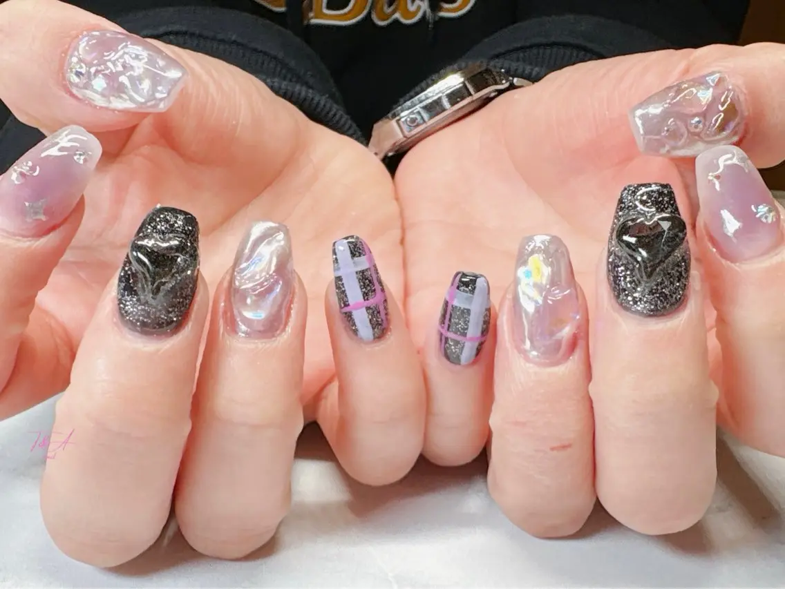 ネイル 長さ出し ジェルネイル ハート キラキラネイル スカルプネイル T&A nailのネイルデザイン