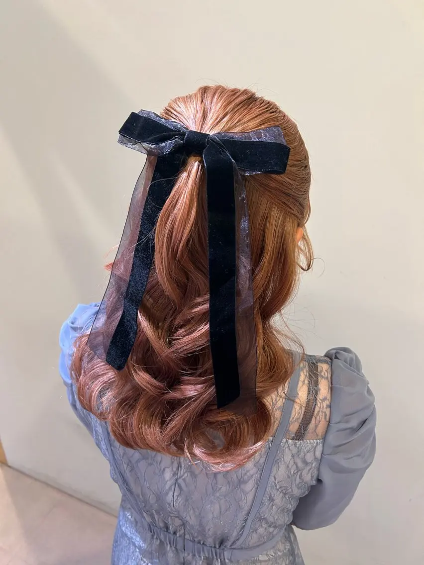 ロング ヘアアレンジ ハーフアップ ボウ🪞ヘアセット /メイク/マツパのマツエク・マツパデザイン