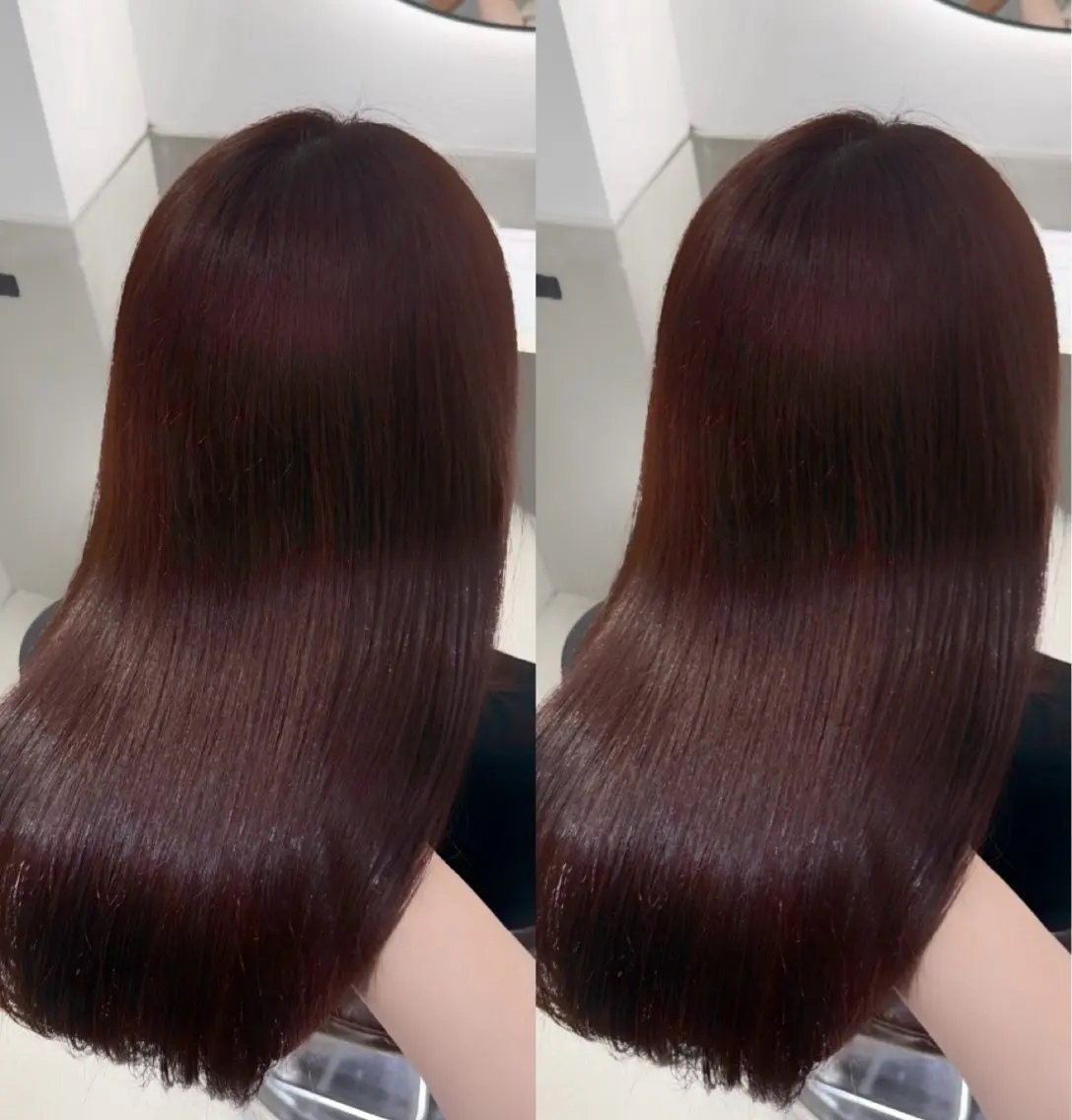 ロング レッドブラウン 縮毛矯正 カット ヘアカラー 縮毛矯正 トリートメント 艶髪カラー🫧 髪質改善🪽萩原のヘアスタイル