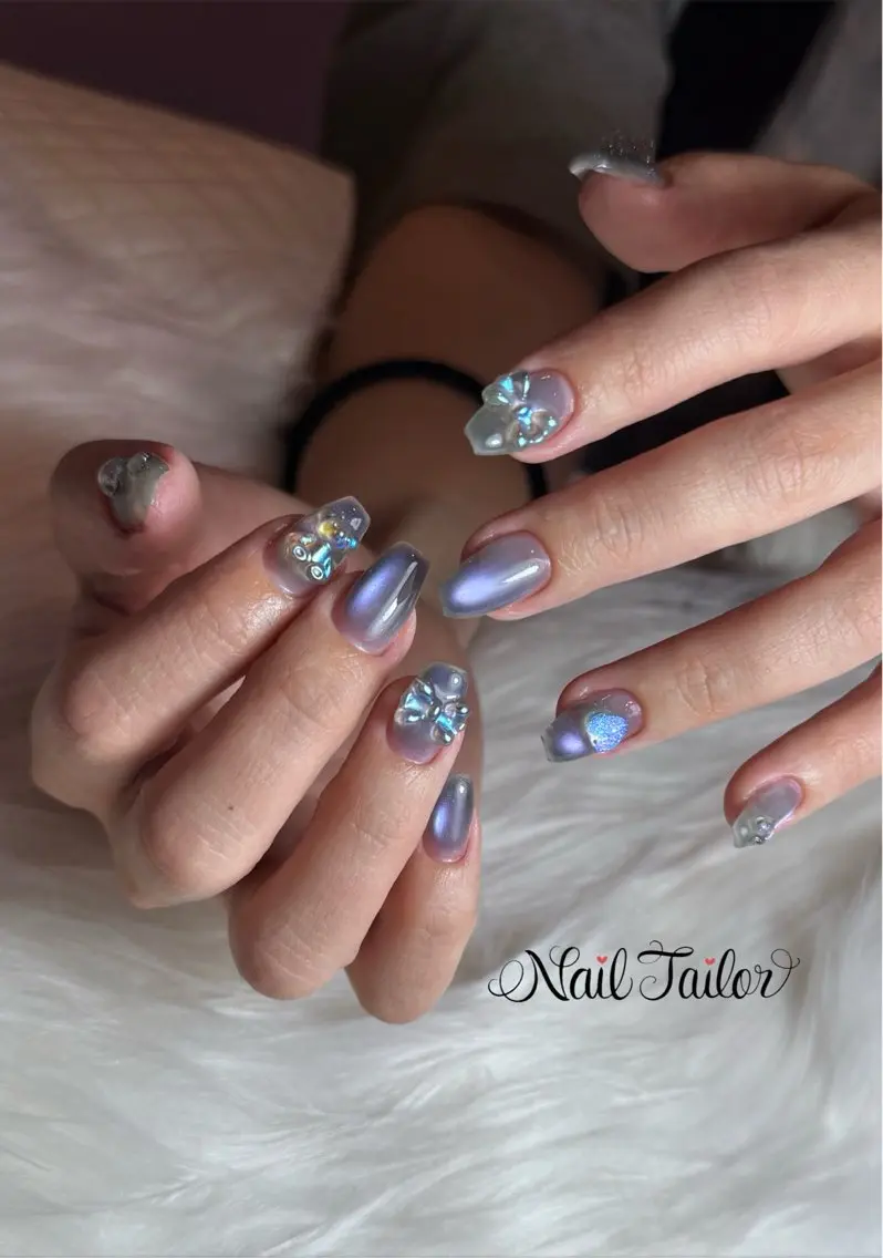 ネイル オーロラネイル 韓国ネイル マグネットネイル リボン ハンドネイル NailTailor ネイルテイラーのネイルデザイン