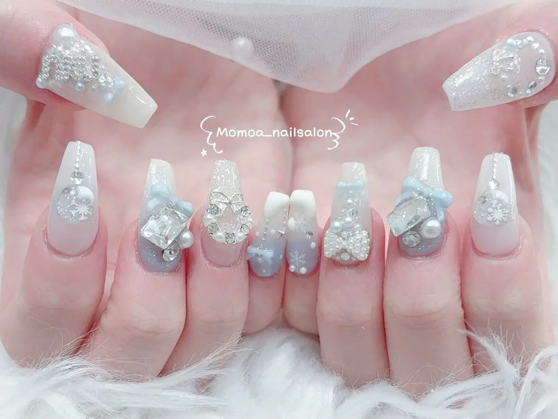 ネイル 成人式 ロングネイル マグネットネイル 大理石ネイル(マーブル) リボン ハンドネイル MoMoA Nail ネイル長さ出し専門店のネイルデザイン