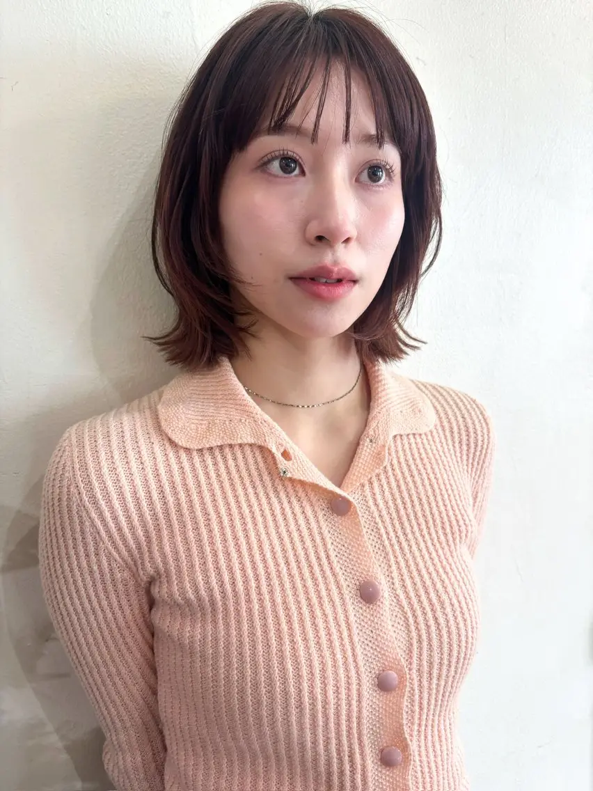 ミディアム ボブレイヤー ピンクブラウン ボブ レイヤーカット カット ヘアカラー トリートメント 結莉/ボブ/ 縮毛矯正のヘアスタイル