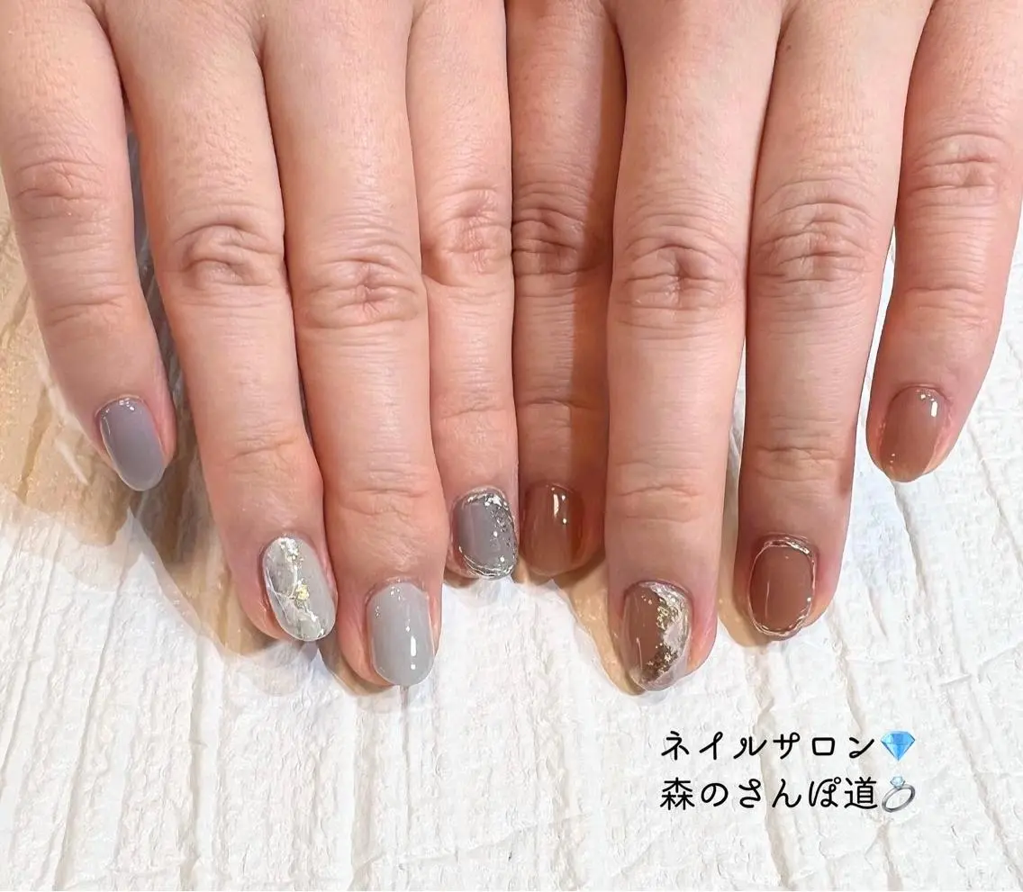 ネイル ハンドネイル ショートネイル 森のさんぽ道のネイルデザイン