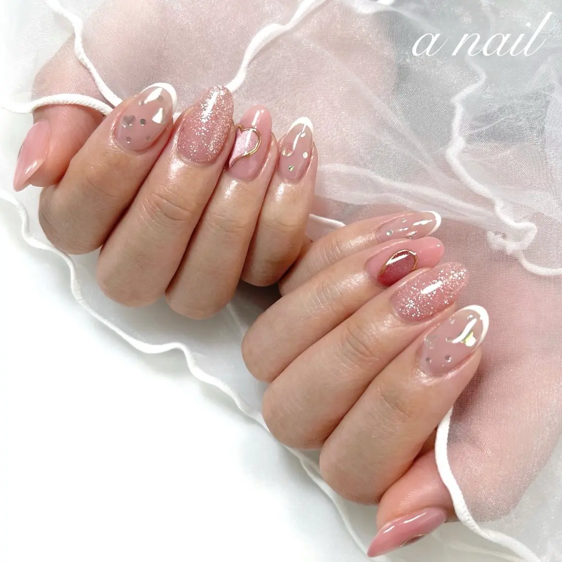 ネイル フレンチネイル ハート マグネットネイル パステルネイル ピンク Salon_ a.nailのネイルデザイン