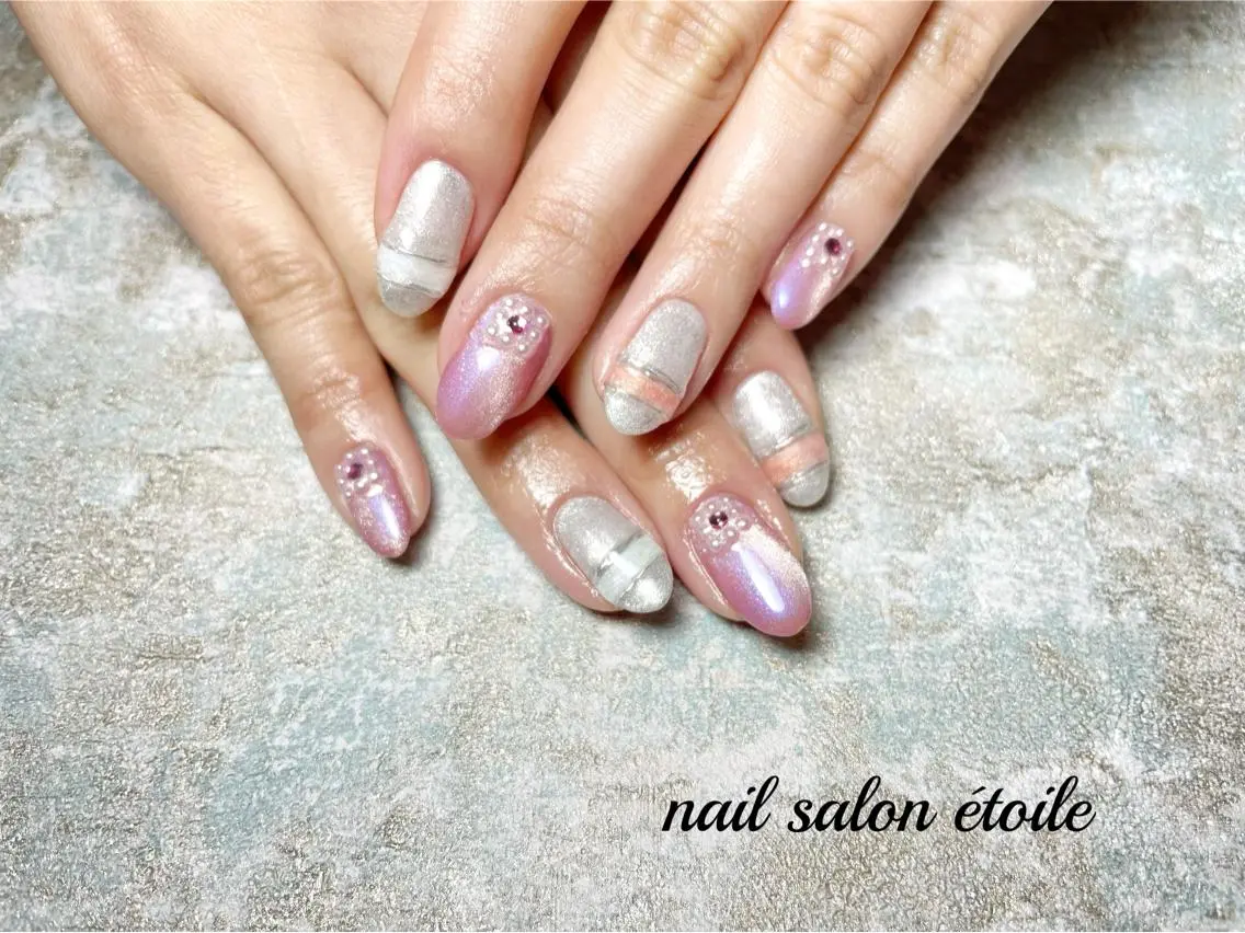 ネイル アートネイル ジェルネイル マグネットネイル ピンク シルバー ハンドネイル nail salon étoileのネイルデザイン