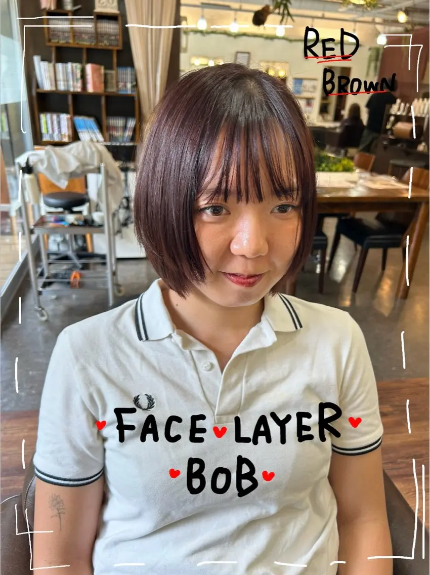 ショート カラー ブラウンカラー レッドカラー レッドブラウン ボブ 顔まわりレイヤー カット ヘアカラー みゆ｜ 髪師kenjiroのヘアスタイル