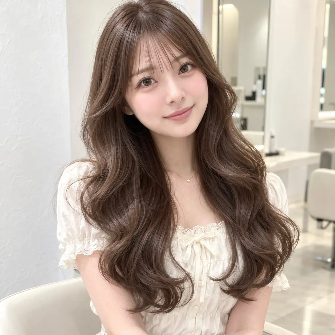 ロング くびれヘア 髪質改善 韓国風ヘア 縮毛矯正 トリートメント カット ヘアカラー トリートメント ♡mao♡／顔周り ／透明感カラー🎀のヘアスタイル