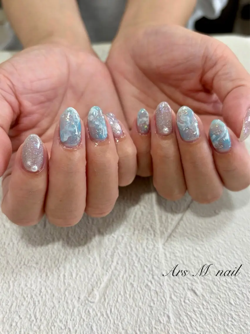ネイル ブルー 水色 大理石ネイル(マーブル) Ars.M nailのネイルデザイン