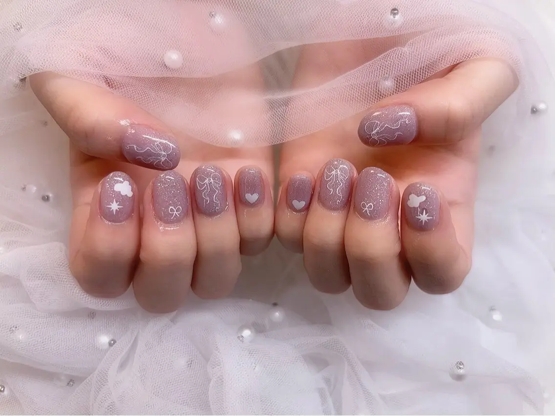 ネイル ガーリー ワンカラーネイル リボン Y. 🍒maki🍒ྀིのネイルデザイン