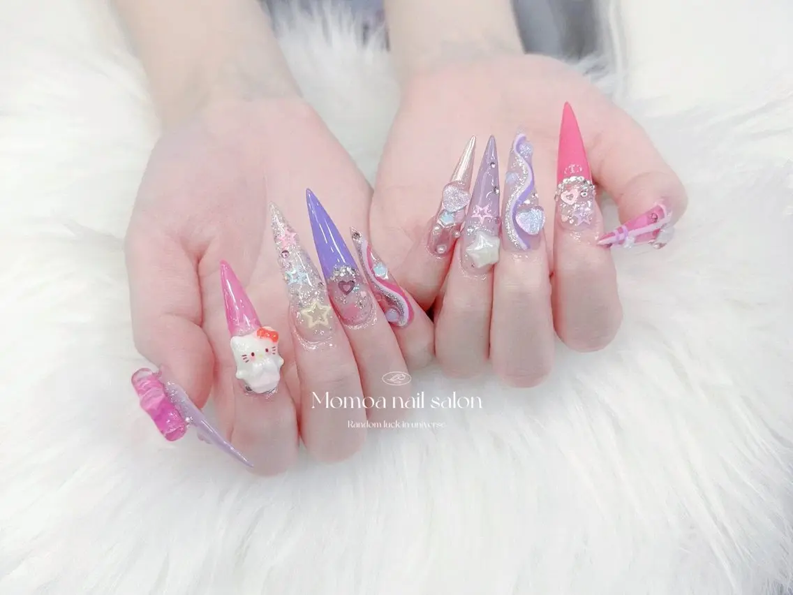 ネイル 成人式 大理石ネイル(マーブル) リボン 夏ネイル ネイルチップ ハンドネイル MoMoA Nail ネイル長さ出し専門店のネイルデザイン