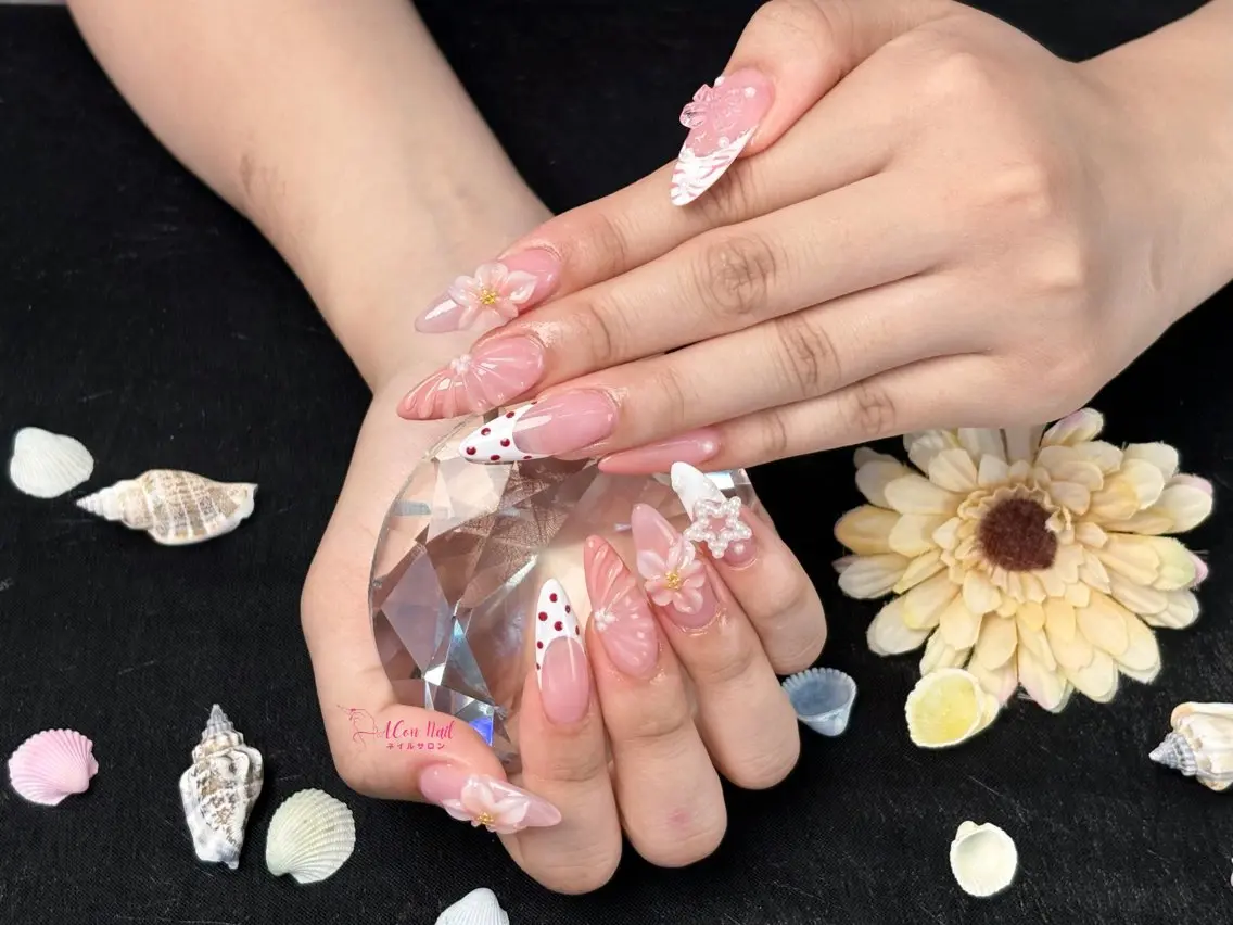 ネイル 桜ネイル 長さ出し フラワーネイル フレンチネイル ジェルネイル ハンドネイル ACon NailSalonのネイルデザイン