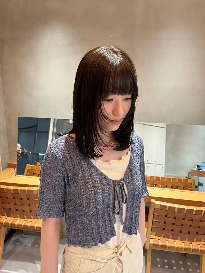ミディアム カラー 縮毛矯正ボブ&顔まわ レイヤー♡TOMOEのヘアスタイル