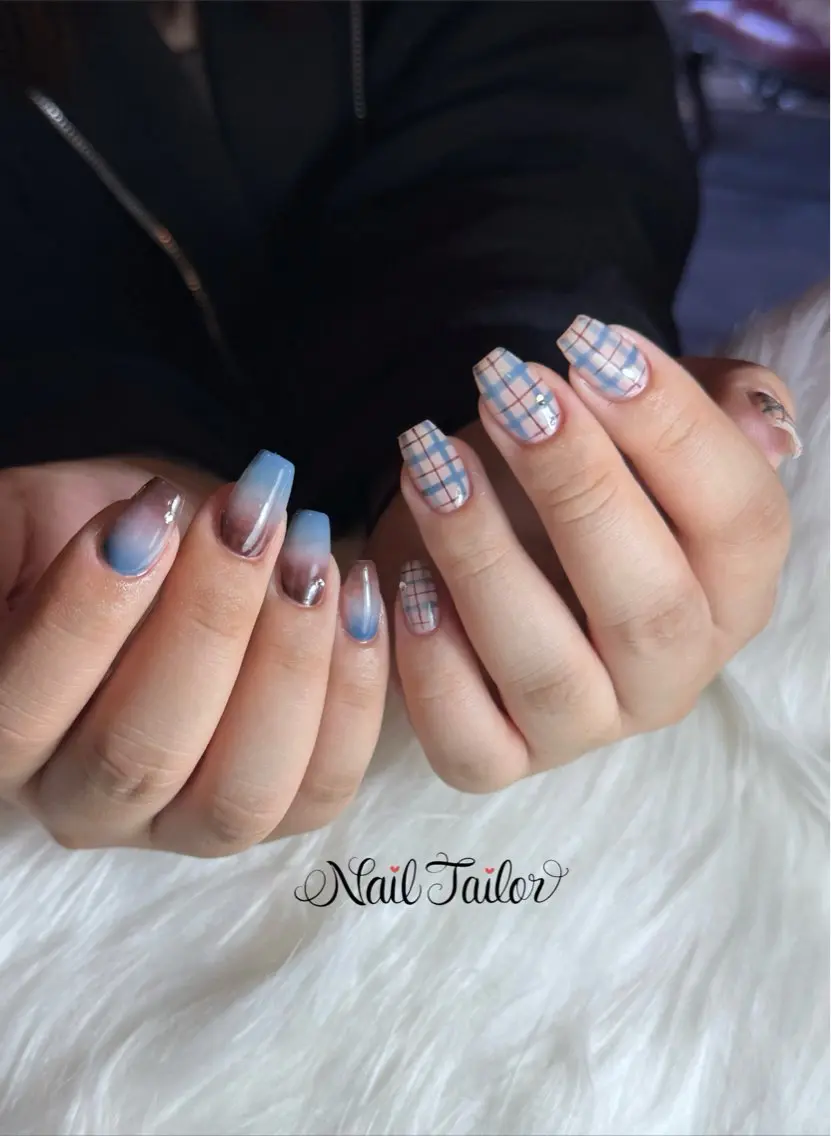 ネイル ブラウン 水色 持ち込み ハンドネイル NailTailor ネイルテイラーのネイルデザイン