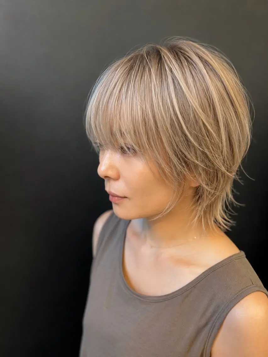 ミディアム カラー ブロンド 透明感カラー ウルフカット 艶髪/髪質改善/ レイヤー/鈴木慎一のヘアスタイル