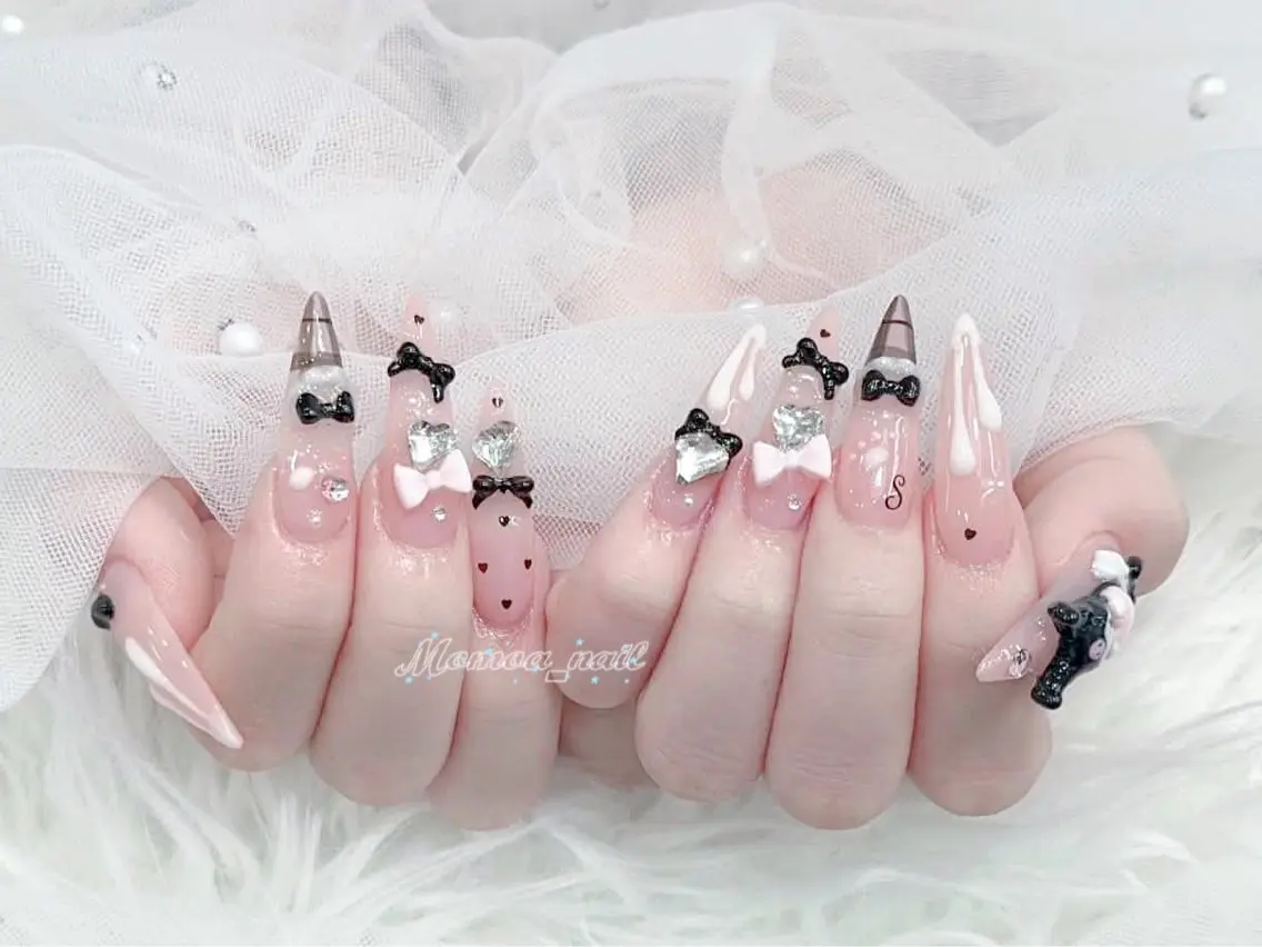 ネイル 成人式 大理石ネイル(マーブル) リボン 夏ネイル ネイルチップ ハンドネイル MoMoA Nail ネイル長さ出し専門店のネイルデザイン