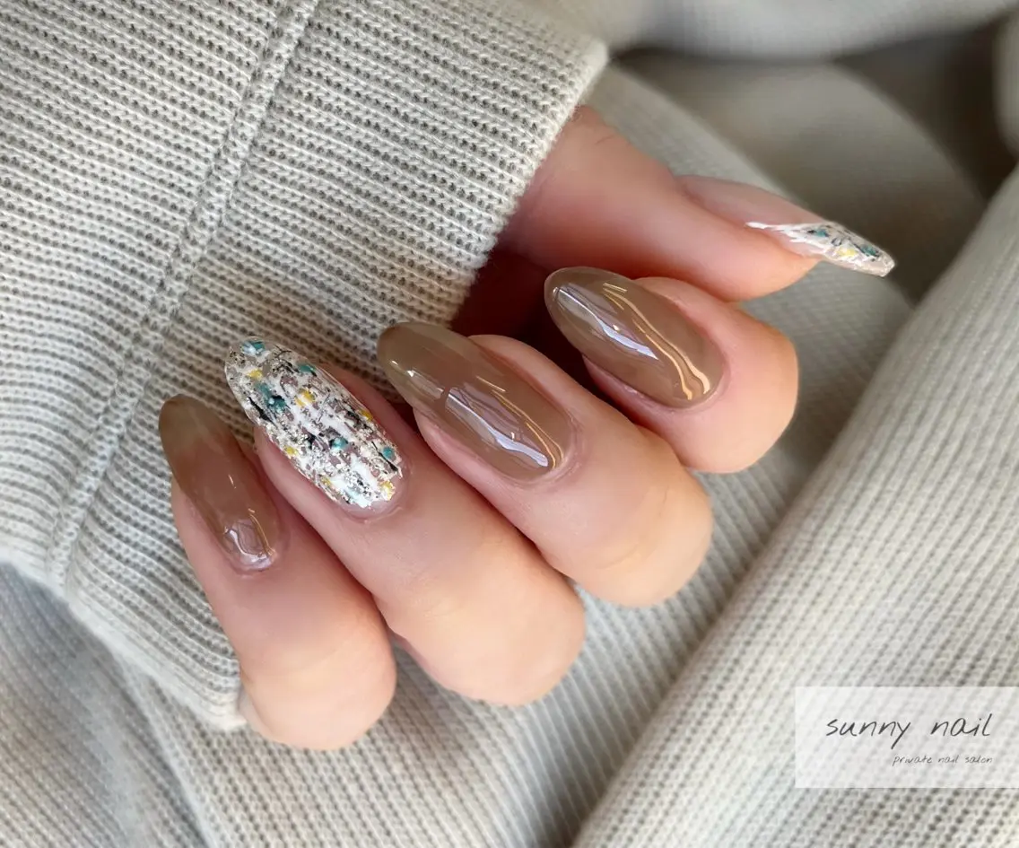 ネイル ブラウン ツイードネイル バレンタイン 冬ネイル sunny nailのネイルデザイン