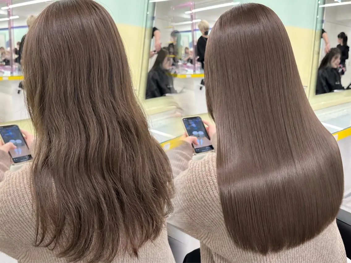 ロング カット 縮毛矯正 トリートメント ブリーチ縮毛矯正加藤 赤み無し透明感ヘアのヘアスタイル