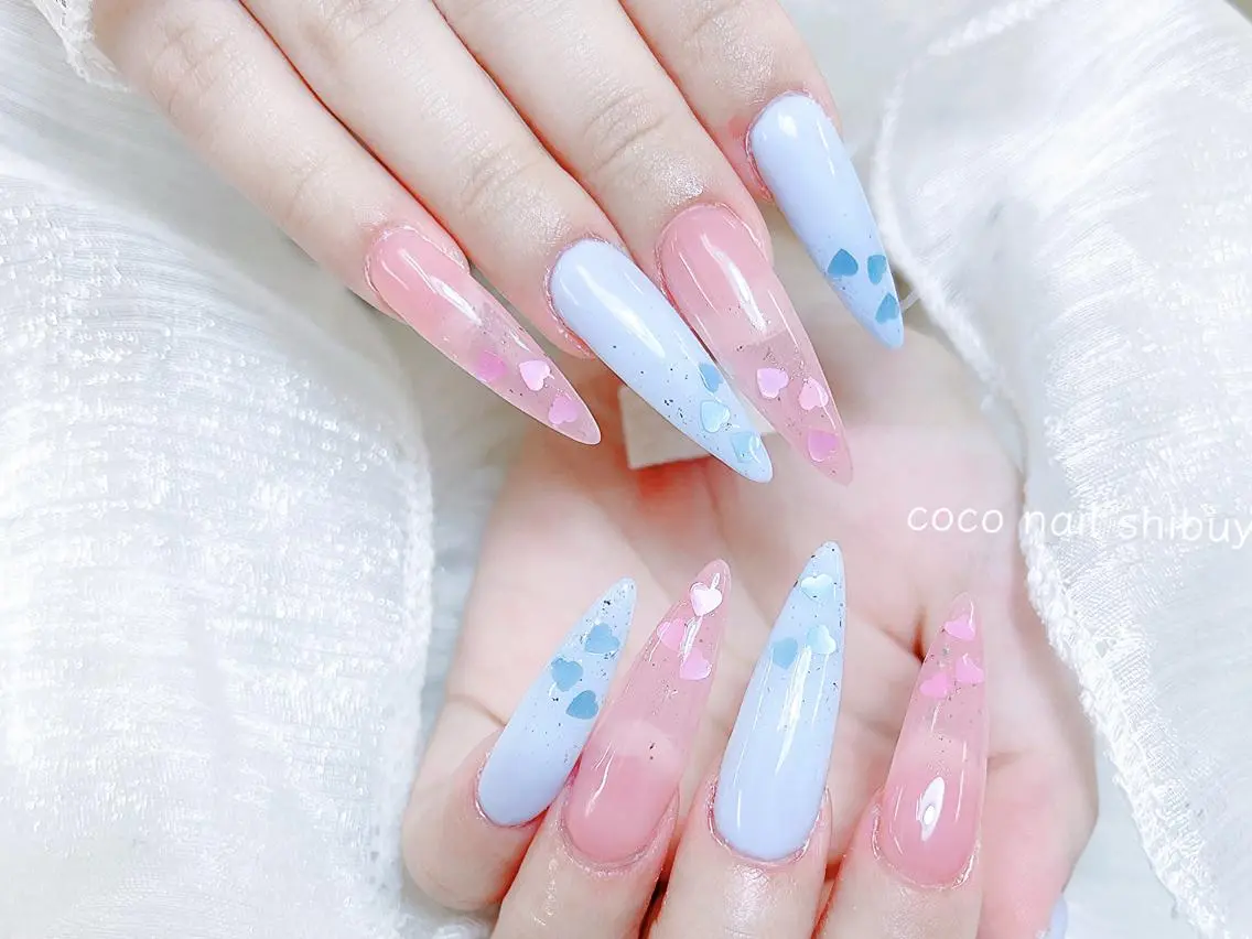 ネイル 成人式 大理石ネイル(マーブル) リボン 夏ネイル ネイルチップ ハンドネイル Ru Ru 長さ出し専門店のネイルデザイン