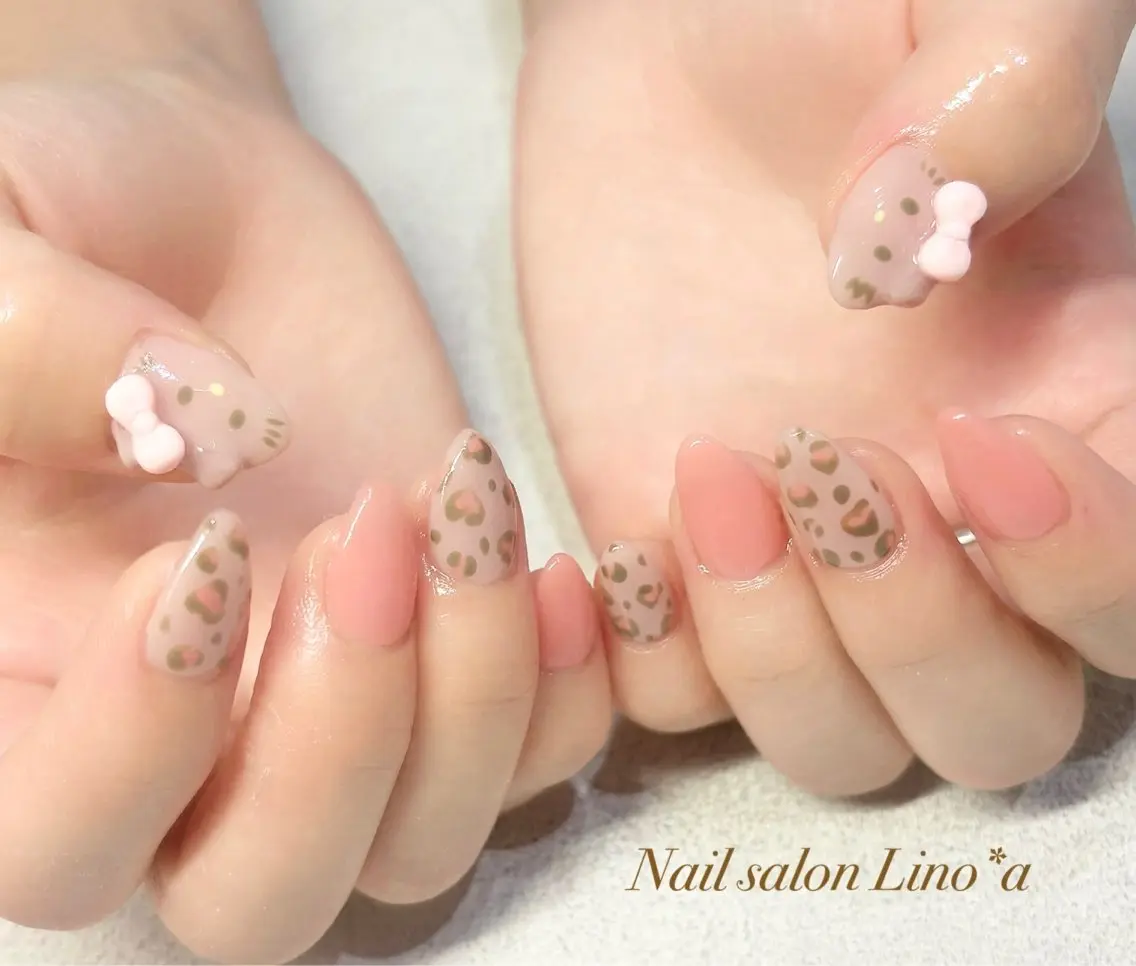 ネイル アニマル柄 ガーリー ハート 持ち込み ピンク ハンドネイル Nail salon Lino*aのネイルデザイン