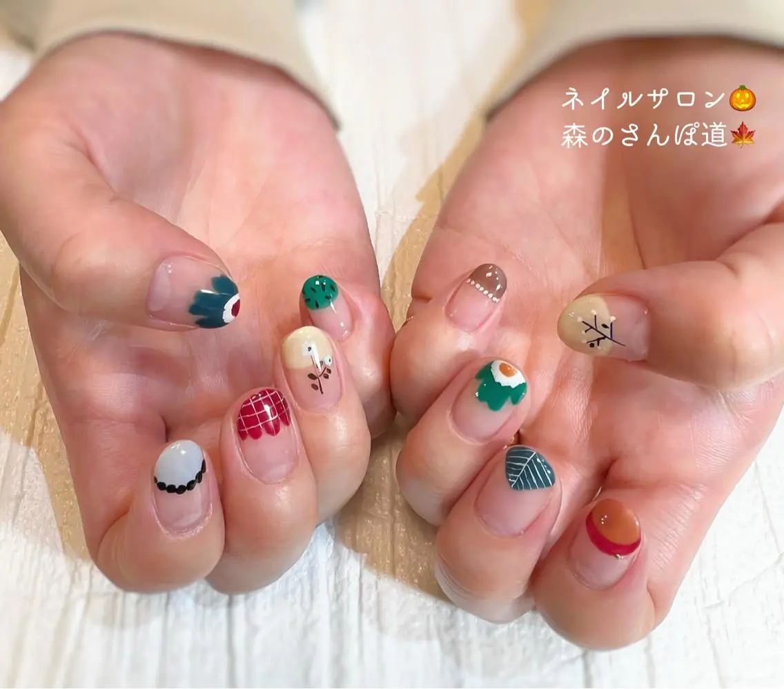 ネイル ショートネイル 森のさんぽ道のネイルデザイン